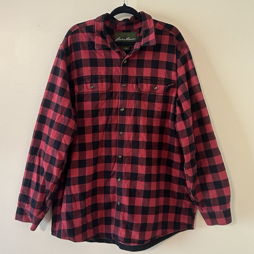 Eddie Bauer Mens Fleece Lined Flannel Shirt Jacket Red Black Plaid Size XLT